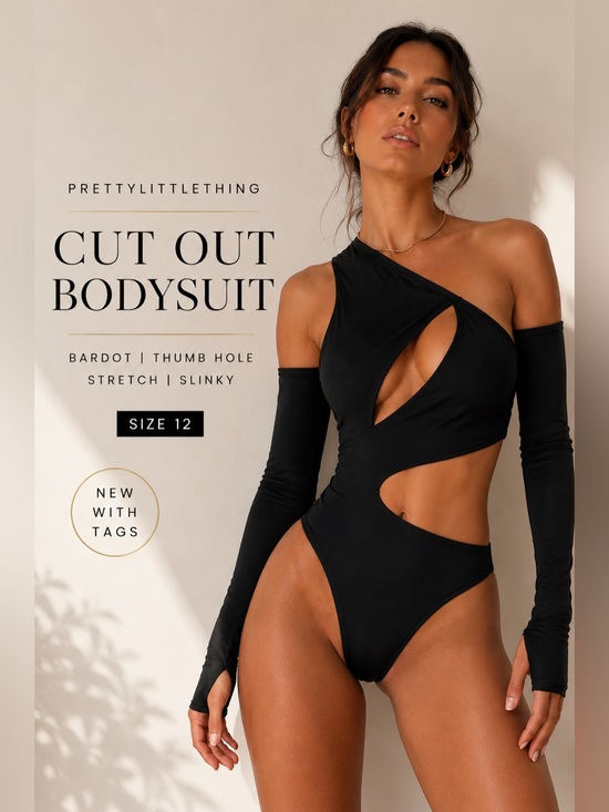 PrettyLittleThing Tops - PrettyLittleThing Black Slinky Bardot Thumb Hole Cut Out Bodysuit